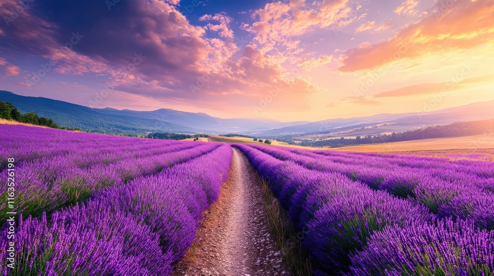 Naklejka premium Vibrant Lavender Fields Under a Stunning Sky at Sunset