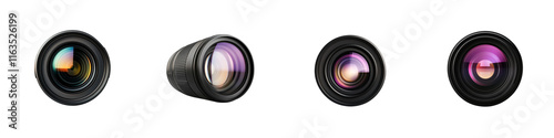 A series of four camera lenses showcasing different designs and lens elements, emphasizing their unique shapes and glass features. photo