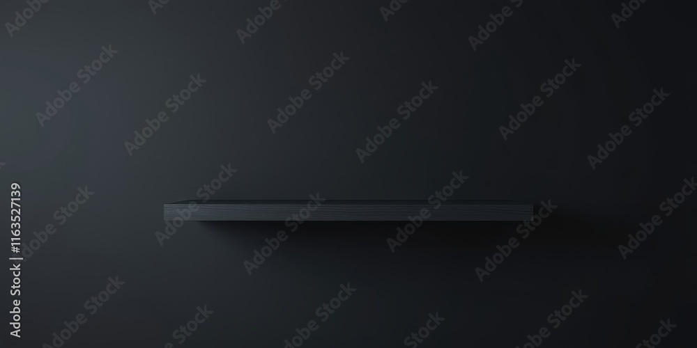 Dark wooden shelf against a black wall background, perfect for product display or minimalist design presentation Dark wooden shelf against a black wall background, perfect for product display or minimalist design presentation