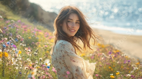 A young woman smiles amidst vibrant wildflowers by the serene coastline. Nature’s beauty shines in this cheerful scene.
