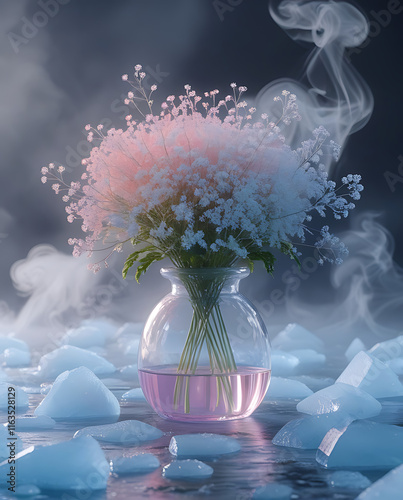 A lovely Baby's Breath flower with delicate white petals, gracefully encased in shimmering blue ice. Created with generative AI photo