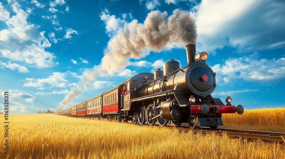 Obraz premium Vintage steam train locomotive moving through golden wheat field on a sunny day.