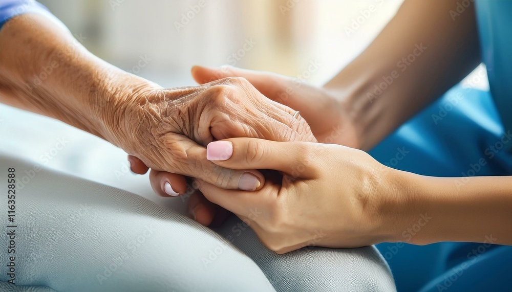 Fototapeta premium Female nurse holding her senior patient's hand. Giving Support. Female carer holding hands of senior woman. holding hands with patients with love, care, help, encouragement, and empathy. healthcare