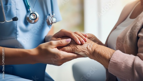 Female nurse holding her senior patient's hand. Giving Support. Female carer holding hands of senior woman. holding hands with patients with love, care, help, encouragement, and empathy. healthcare