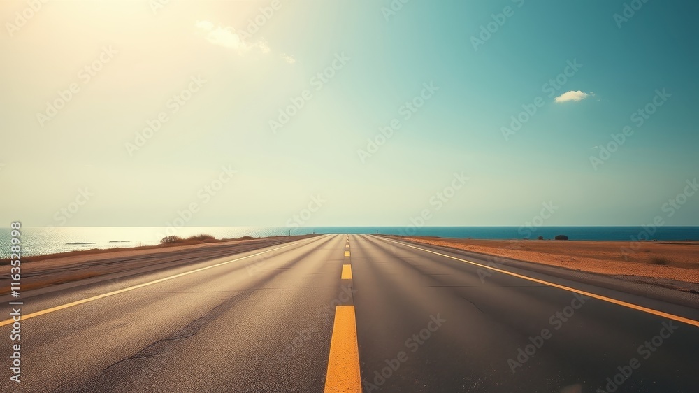 Naklejka premium Asphalt road stretching towards a tranquil ocean horizon under a serene sky