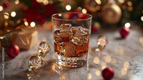 A glass of whiskey with ice cubes on a festive table, ideal for holiday marketing, beverage promotions, or festive celebration themes