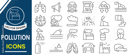 Pollution icon, vector set. Pollution line icon,  industrial waste, dust, noise pollution, air pollution, 
 protection, green energy,  plastic. Vector illustration.