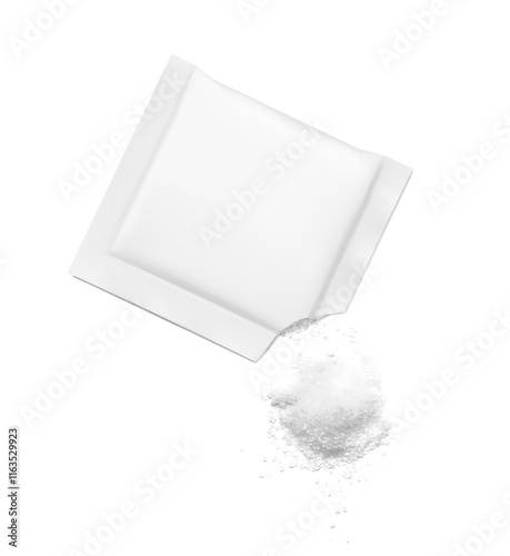 Torn sachet mockup with heap. Flat lay view. Vector illustration isolated on white background. Can be use for template your design, presentation, promo, ad. EPS10.