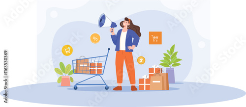 A festive illustration of an excited shopper, featuring shopping carts, discount bags, and Black Friday sales to capture the excitement of the shopping season.
