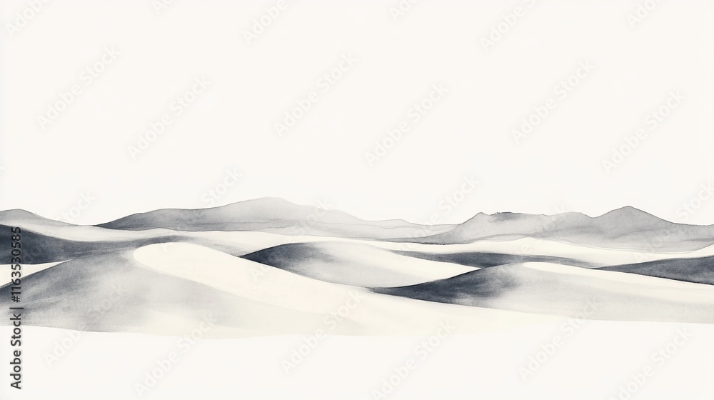Monochromatic desert landscape, featuring muted tones of gray and white, depicting sand dunes and low mountains. Soft, hazy, and serene vista. Monochromatic desert landscape, featuring muted tones of gray and white, depicting sand dunes and low mountains. Soft, hazy, and serene vista.