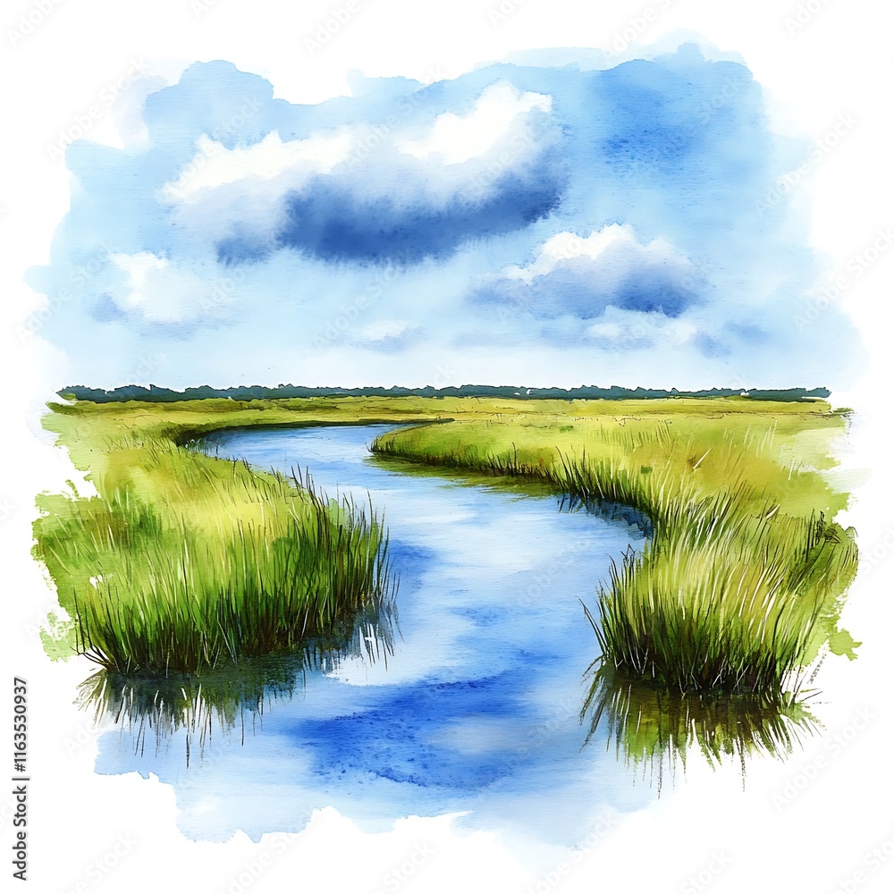 Naklejka premium Serene Watercolor Painting of a River Meandering Through a Lush Green Meadow Under a Blue Sky.