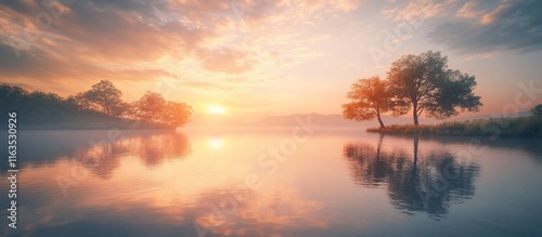 Peaceful sunrise over a serene lake with reflections.