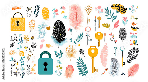 Wallpaper Mural Vintage boho keys and locks with colorful leaves and floral elements Torontodigital.ca