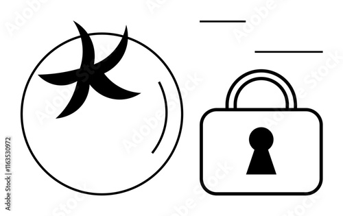 Tomato with star-shaped stem next to a classic padlock with keyhole, accompanied by three horizontal lines. Ideal for security, privacy, food safety, confidentiality, information protection
