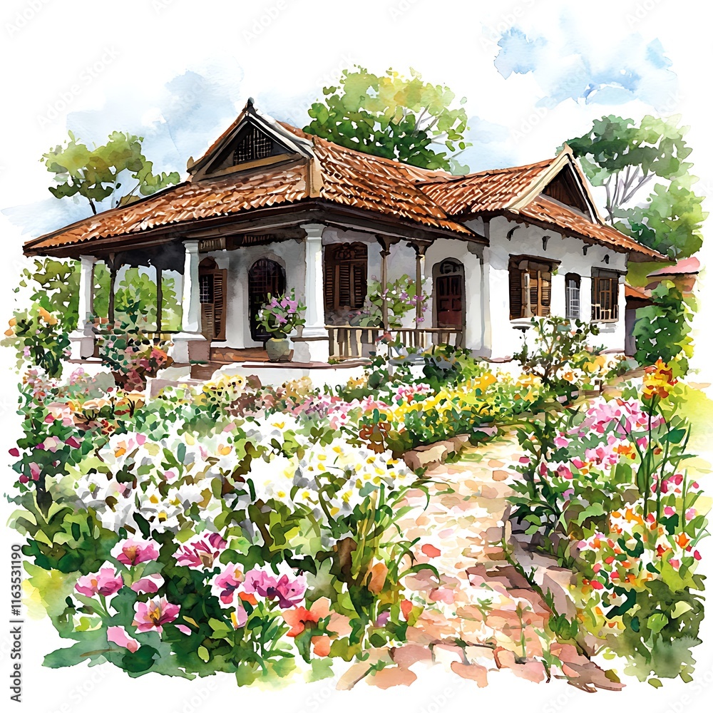 Watercolor Painting of a Charming Colonial-Style House Surrounded by a Vibrant Flower Garden. Watercolor Painting of a Charming Colonial-Style House Surrounded by a Vibrant Flower Garden.