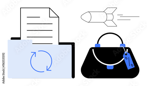 Document folder containing a sheet with text next to a speeding rocket and a designer handbag with a tag. Ideal for productivity, organization, efficiency, speed, luxury, fashion, business. Abstract