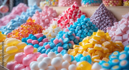 Colorful display of assorted candies at a festive market