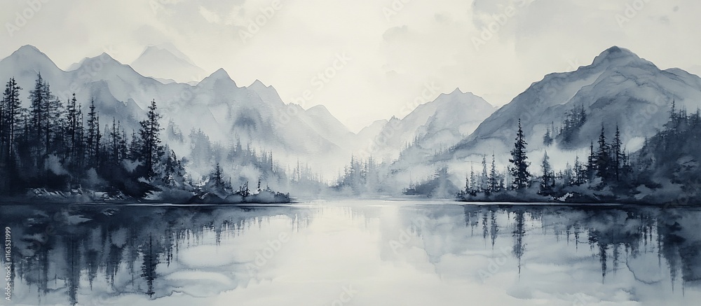 Naklejka premium Misty mountain lake landscape. (4)