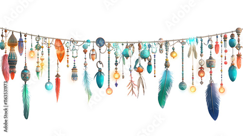 Colorful boho style garland with feathers, beads, and ornaments
