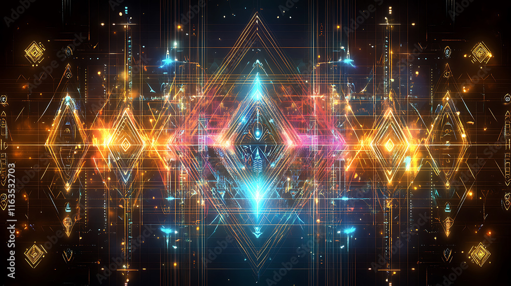 Obraz premium vibrant fantasy style tribal pattern with glowing lines and geometric shapes
