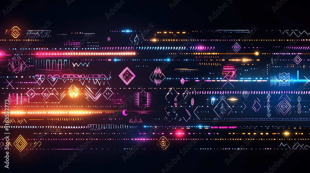 Fototapeta premium Futuristic tribal pattern with glowing lines and vibrant colors