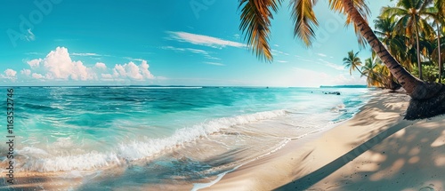 Tropical island shoreline with crystal-clear turquoise water, palm trees, and white sandy beach under a bright blue sky in a peaceful tropical paradise. photo