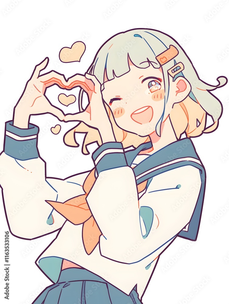 Anime style, smiling girl making heart with hands, Generative AI Anime style, smiling girl making heart with hands, Generative AI