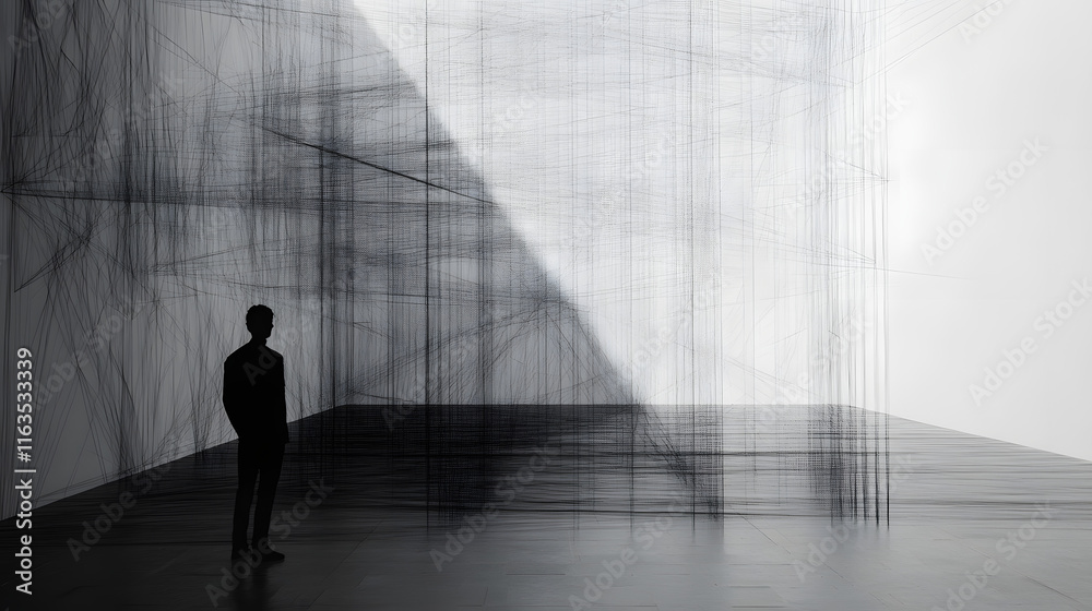 Fototapeta premium Minimalist Abstract Scene Featuring a Silhouette in Monochrome with Intricate Lines and Light, Creating an Ethereal Atmosphere of Depth and Perspective