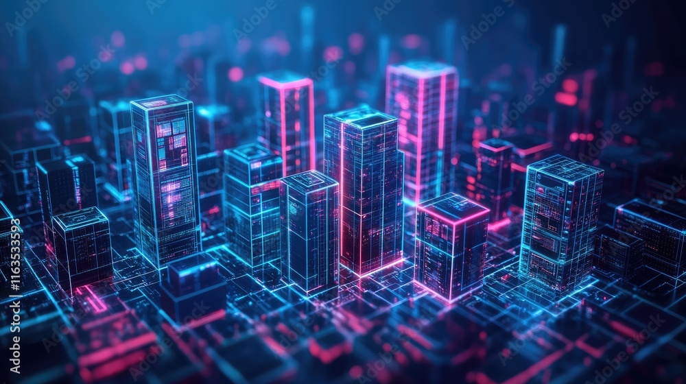 Obraz premium A futuristic cityscape rendered in neon colors, showcasing digital architecture and technology.