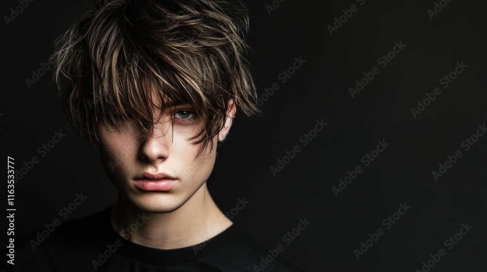 Close-up portrait of a young man with messy, dark hair and intense gaze against a black background. Close-up portrait of a young man with messy, dark hair and intense gaze against a black background.