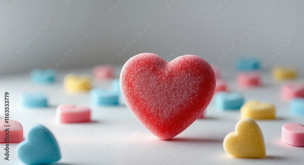 Frosted red candy heart with colorful sugar hearts for Valentine's Day celebration Frosted red candy heart with colorful sugar hearts for Valentine's Day celebration
