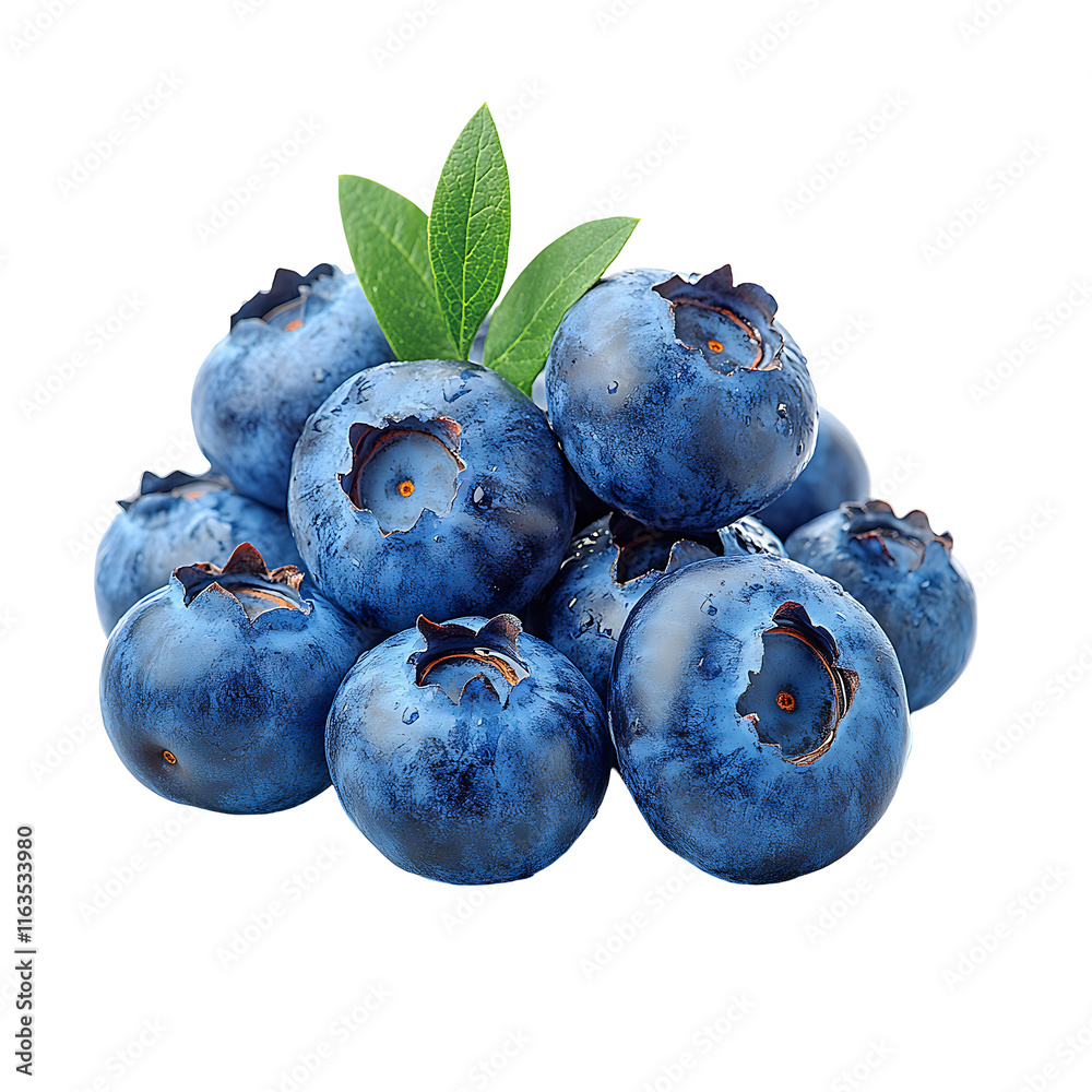 Obraz premium Fresh juicy blueberries with green leaves Transparent Background.