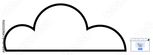 Black cloud outline next to a shopping cart symbol within a small storefront icon. Ideal for cloud computing, e-commerce, online shopping, digital storage, retail, technology, internet services