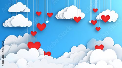 Poster or banner with blue sky and paper cut clouds. Place for text. Happy Valentine's day sale header or voucher template with hanging hearts.