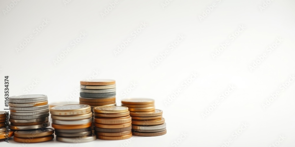 Close-up view of multiple stacks of coins arranged on a white background, illustrating financial growth and wealth accumulation Close-up view of multiple stacks of coins arranged on a white background, illustrating financial growth and wealth accumulation