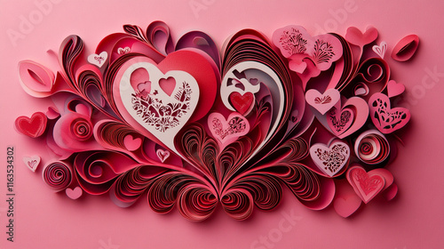 Valentine's Day card with hearts paper cut style on a pink background.