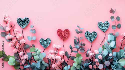 Valentine's Day card with hearts paper cut style on a pink background.