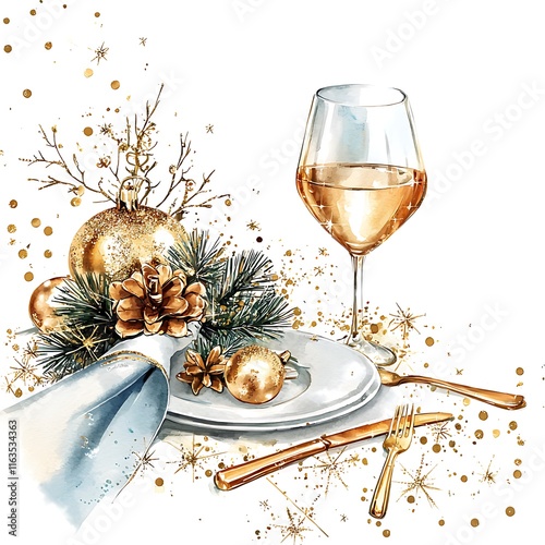 Elegant Watercolor Painting of a Festive Christmas Table Setting with Gold Ornaments, Pine Cones, and a Glass of Rosé Wine.