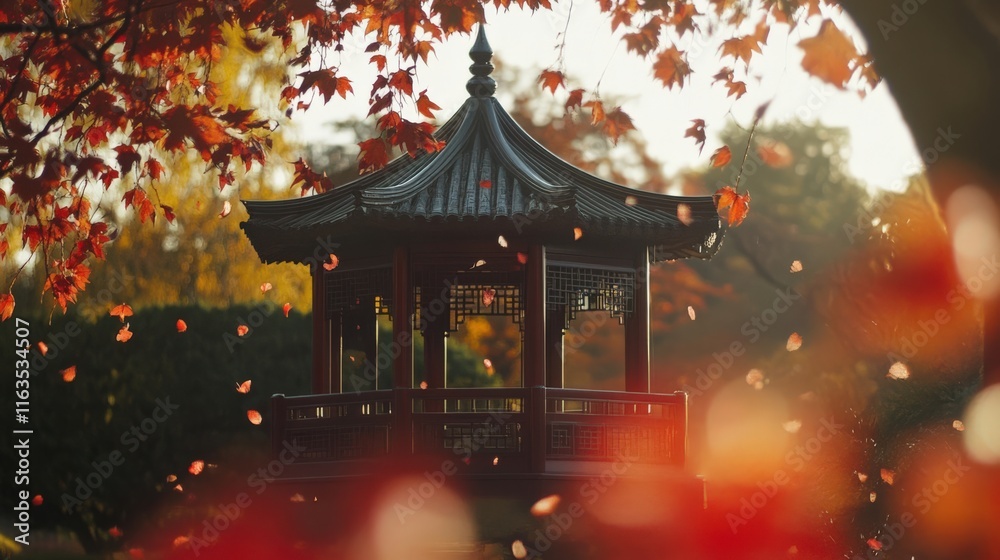 Fototapeta premium Serene autumn scene with a traditional gazebo surrounded by colorful leaves and warm sunlight in a peaceful garden.