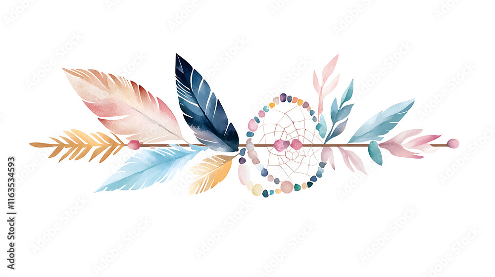 Fototapeta premium Watercolor boho arrow with soft pastel feathers and dreamcatcher design