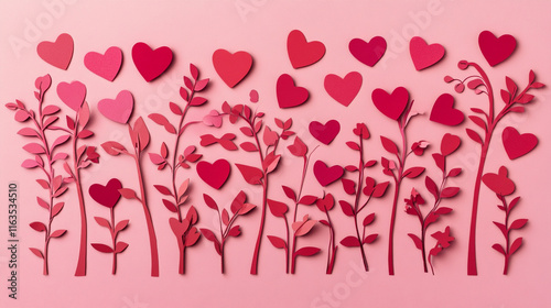 Valentine's Day card with hearts paper cut style on a pink background.