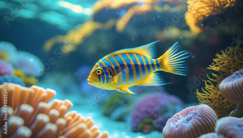 Striped Yellow Blue Fish Vibrant Coral Reef Underwater Scene photo