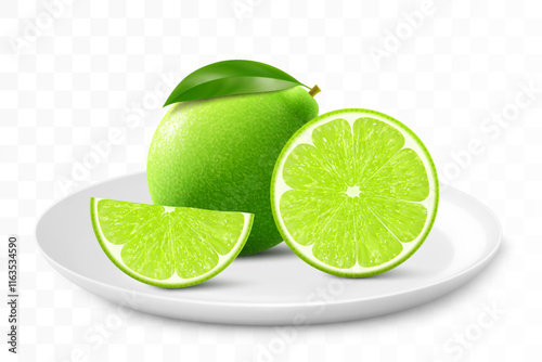 Ripe juicy lime on a white plate isolated on a transparent background. Whole lime fruits and sliced. Healthy vitamin food. Realistic 3d vector illustration
