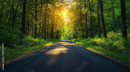 Sunlit Forest Road at Sunset - Serene Nature Scene