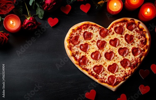 Romantic heart-shaped pepperoni pizza dinner candlelit setup food photography cozy atmosphere close-up view photo