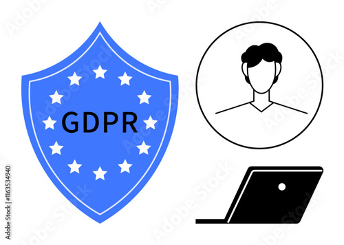 Blue shield with GDPR letters, person inside a circle, and laptop silhouette. Ideal for data protection, user privacy, GDPR compliance, cybersecurity, online regulations, legal frameworks European
