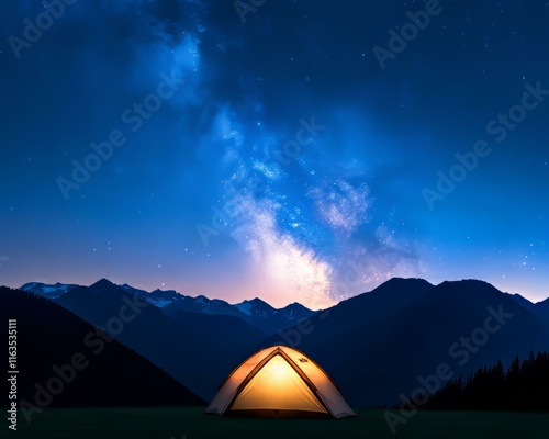 Camping under the stars tent adventure in serene mountains at night captivating night sky nature's beauty photo