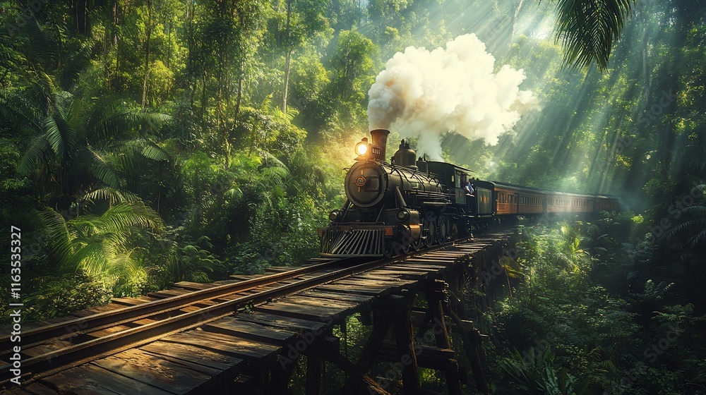 Naklejka premium Vintage steam train traversing a wooden bridge through a lush jungle forest, sunlight beams through the canopy.
