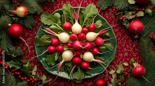 A festive arrangement of radishes in a star shape, isolated on a holiday-themed backdrop with red and green decor photo