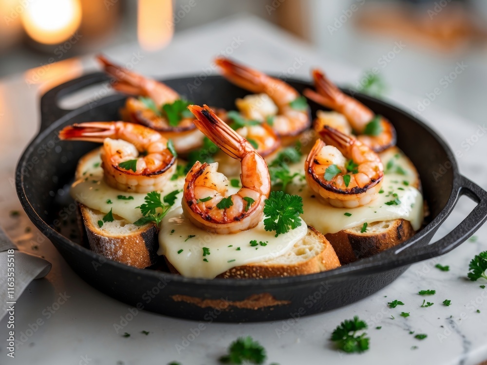 Grilled Shrimp on Toasted Bread with Melted Cheese Garnished with Fresh Parsley Served in a Cast Iron Skillet Perfect for Gourmet Appetizers Grilled Shrimp on Toasted Bread with Melted Cheese Garnished with Fresh Parsley Served in a Cast Iron Skillet Perfect for Gourmet Appetizers